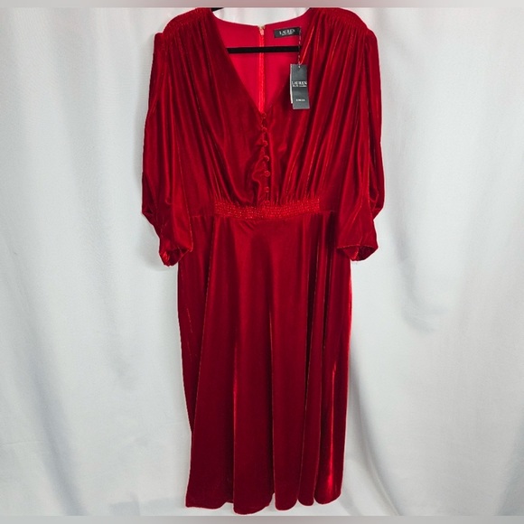 Ralph Lauren red velvet Puff sleeves Midi dress - Picture 2 of 7
